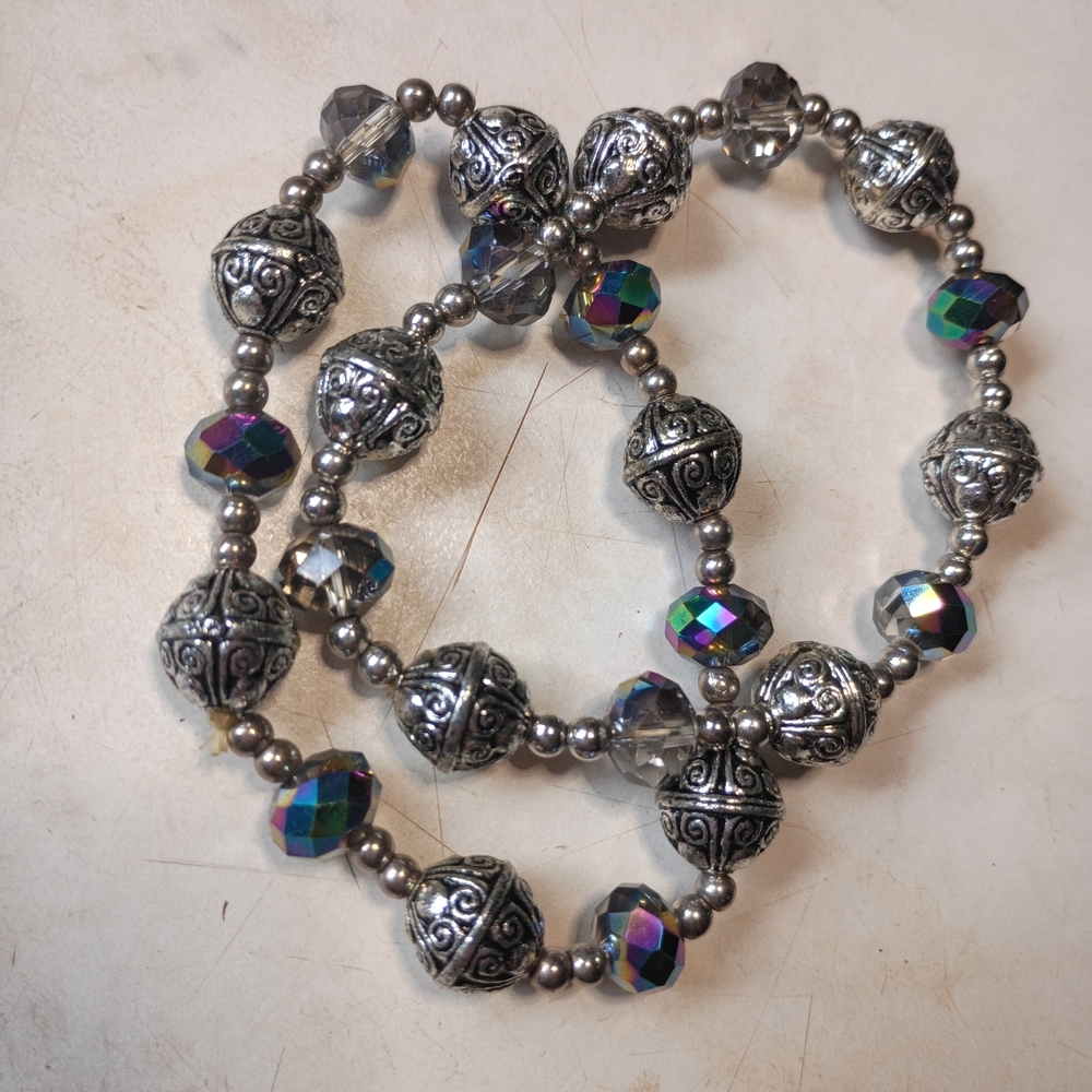 Silver And Aurora Borealis Beads Stretch Bracelet